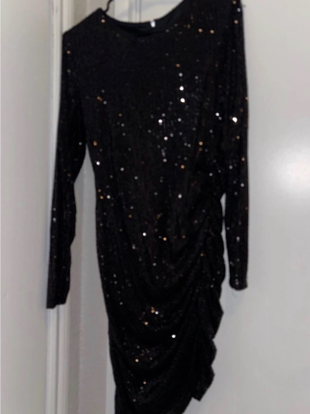 Premier Black Sequin Long Sleeve Ruched Dress